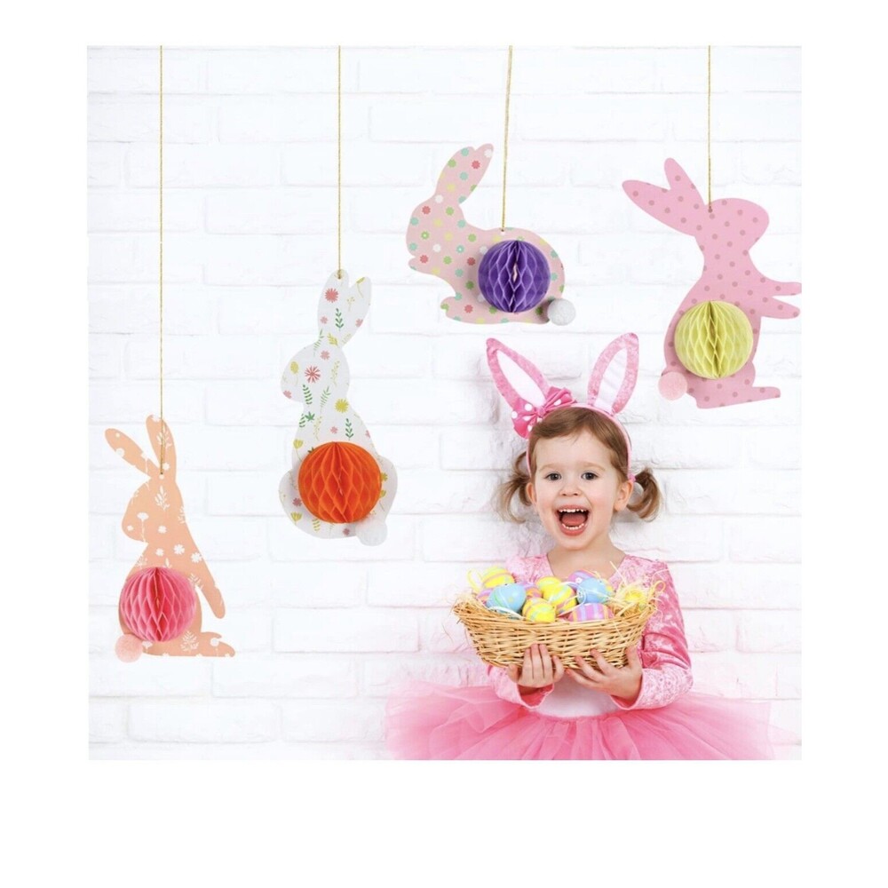 Easter Bunny Decoration for Home Rabbit with 3D Honeycomb banner sticks Set kids